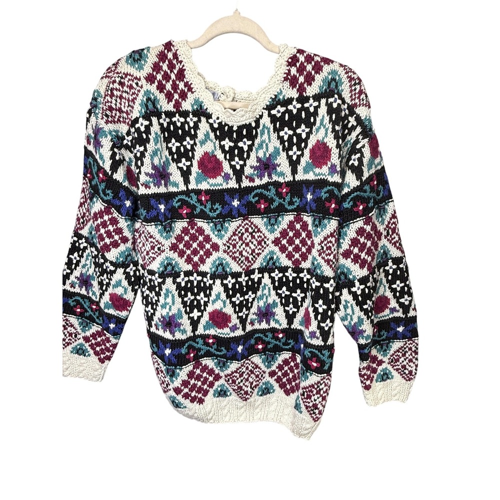 Signatures Northern Isles Sweater Womens XL Hand Knit Floral Geometric NWT
